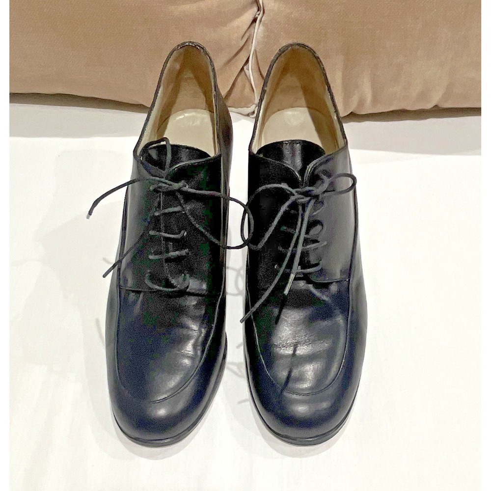 Charles David Black Leather Lace Up Oxford Block Heels Vintage Made in France